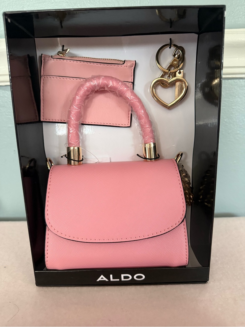ALDO Pink Mini Top-Handle Bag with Gold Heart Keyring